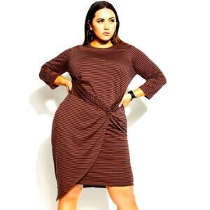 CCX City Chic Striped Twist Front Dress Brown Navy Size 18